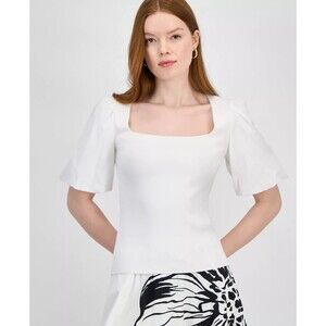 T Tahari Women's Mixed-Media Square-Neck Puff-Sleeve Blouson Top White L